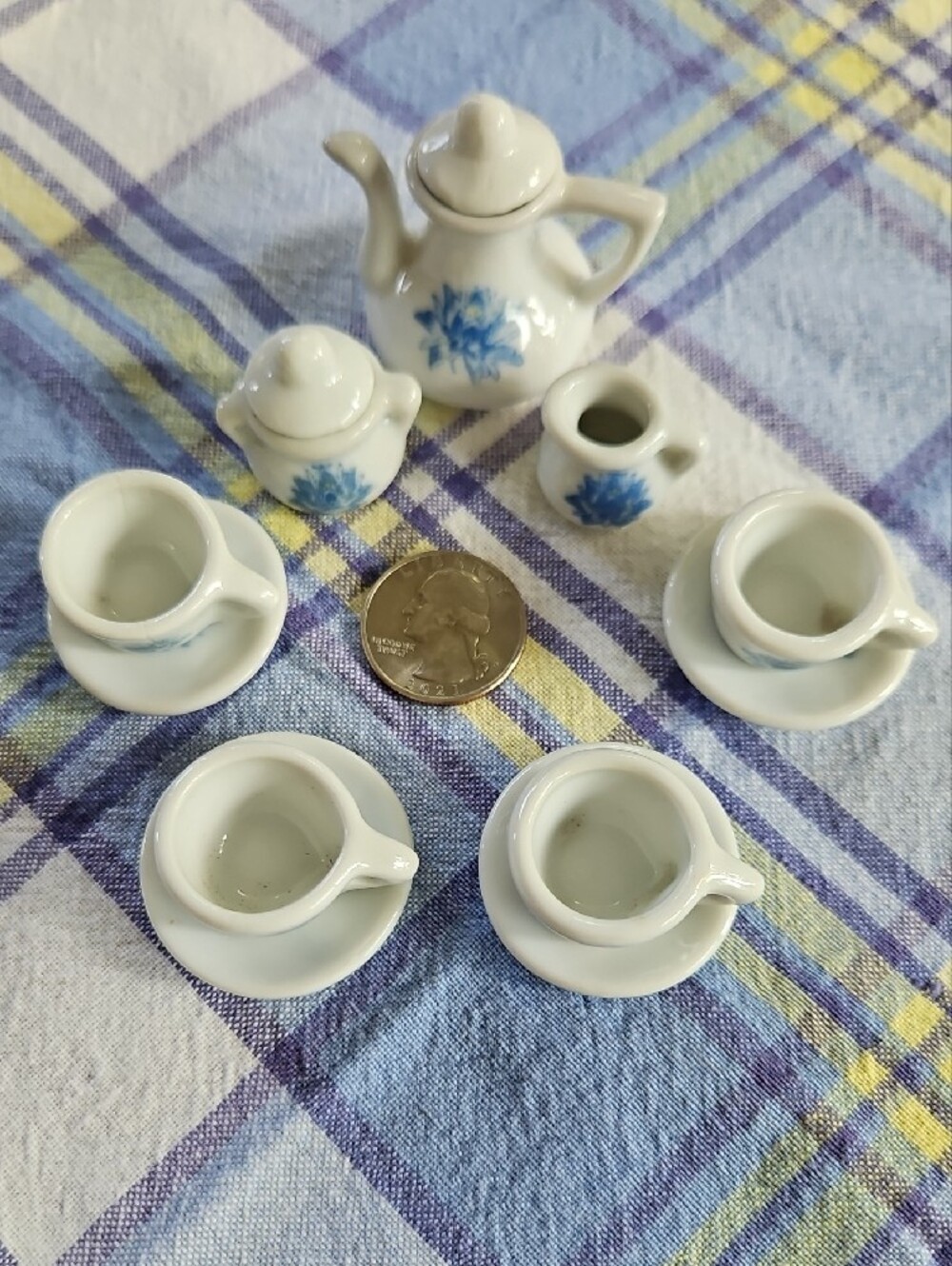VTG 13 PC Miniature Ceramic Tea Set with Blue Floral Motif - Picture 2 of 11